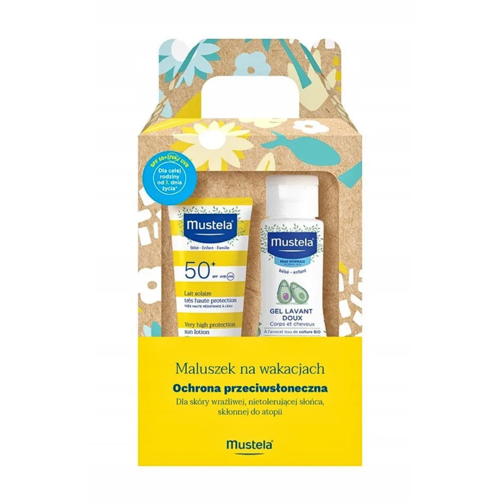 Набір Mustela, Сонцезахисне молочко spf 50 40 мл + шампунь-гель Gel Lavant Doux з авокадо 100 мл